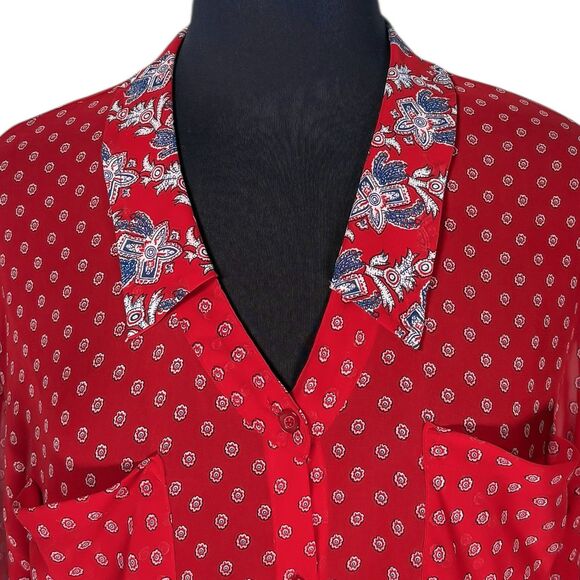 Free People Women’s M Red Bandana Paisley Easy Rider Sheer Chiffon Button Shirt - Picture 4 of 10